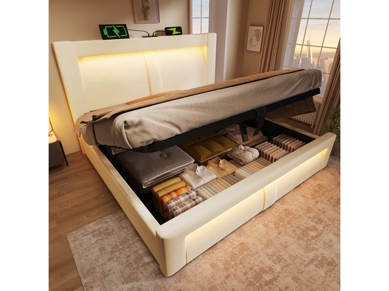  Lit double 180x200 cm avec rangement hydraulique, éclairage led, velours beige  - Conforama B