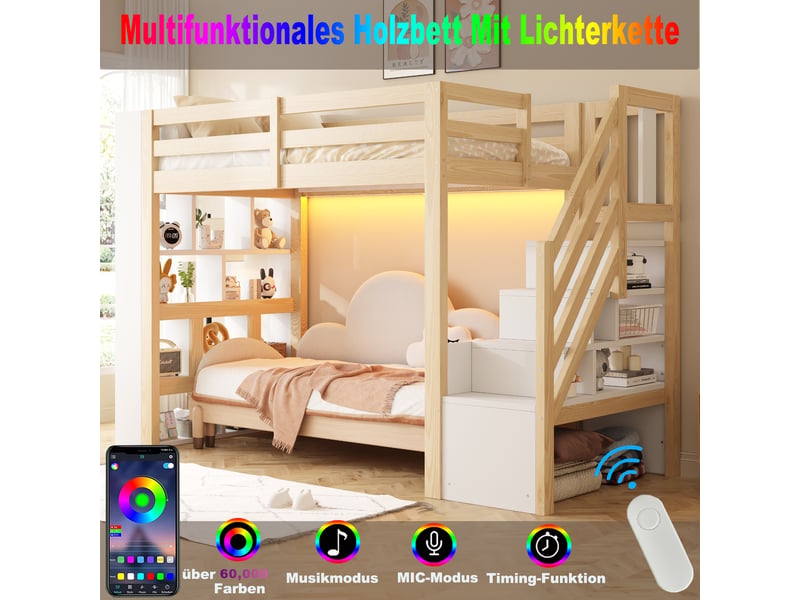 Lit mezzanine 90x200cm avec étagères, escalier de rangement, barrières de sécurité, éclairage led et sommier à lattes, bois, naturel et blanc evarich - Conforama D