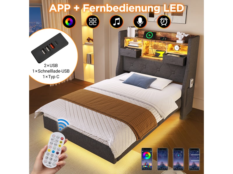  Lit simple, lit enfant 90x200 cm, rangement intégré, tête de lit avec rangement, led, usbusb-c, lin gris, matelas inclus  - Conforama D
