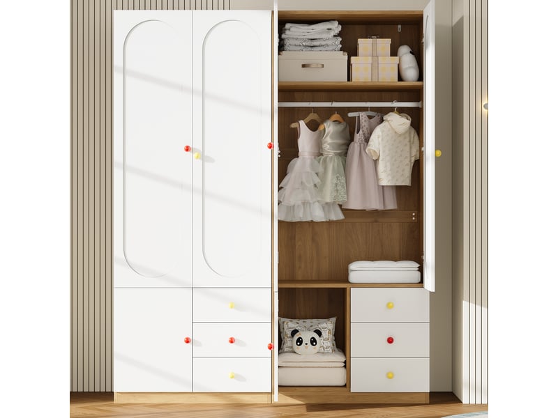 Armoire enfant 2 portes avec tiroirs, tringle, poignées céramique colorées, blanc, finition laquée - Conforama B