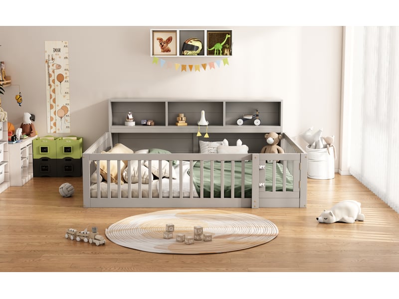  Lit banquette 140x200 cm gris pin avec sommier lattes rangement et barrière de sécurité Sol Morn - Conforama B