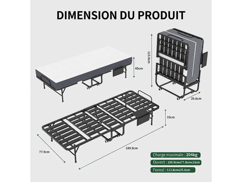  Lit pliant 190x78 cm avec matelas mémoire de forme 9,5 cm - lit d'appoint à roulettes en métal  - Conforama C