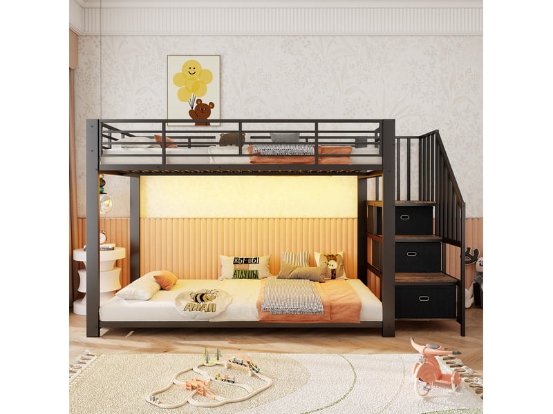 Lit superposé modenvie pour adultes 90 x 200 cm avec escalier de rangement led prises usb noir  - Conforama D