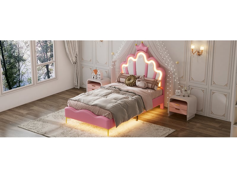 Lit double 90x200 cm style princesse couronne simili cuir rose led intégré sommier à lattes inclus Sol Morn - Conforama D