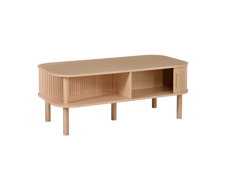  Table basse scandinave avec rangement et porte coulissante 110x55 cm mdf couleur bois naturel  - Conforama E