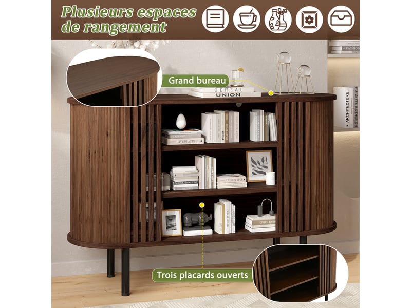  Buffet 120x40x80 cm en mdf et panneaux de particules avec 3 compartiments ouverts, coloris noyer chicfurn  - Conforama D