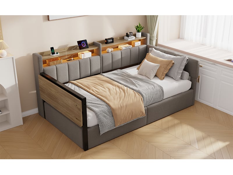  Lit banquette 90 × 200 cm, coffre relevable, led, usb-c et bureau rabattable, revêtement en velours et mdf, gris  - Conforama B