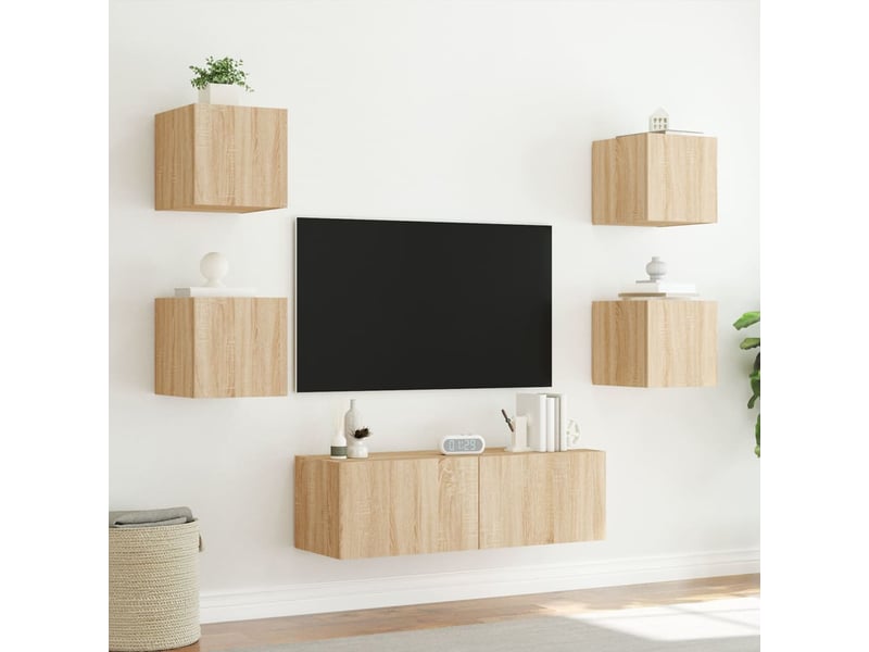  Meuble tv - banc tv - meuble de rangement muraux 5 pcs avec lumières led chêne sonoma  - Conforama D