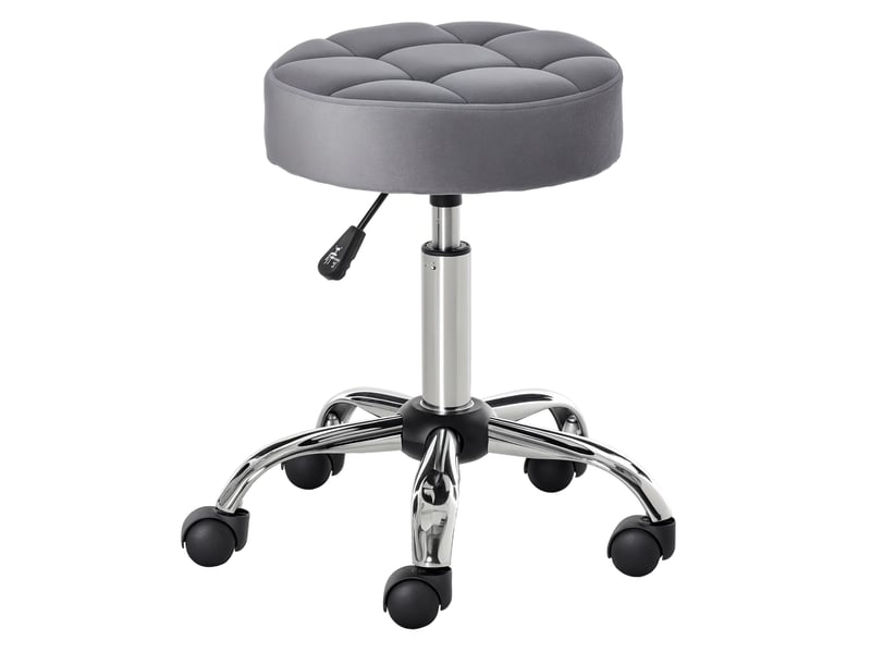 Tabouret de salon gris clair avec roulettes hauteur réglable 49-61 cm revêtement velours mousse base chromée dim 35 x 35 cm - Conforama A