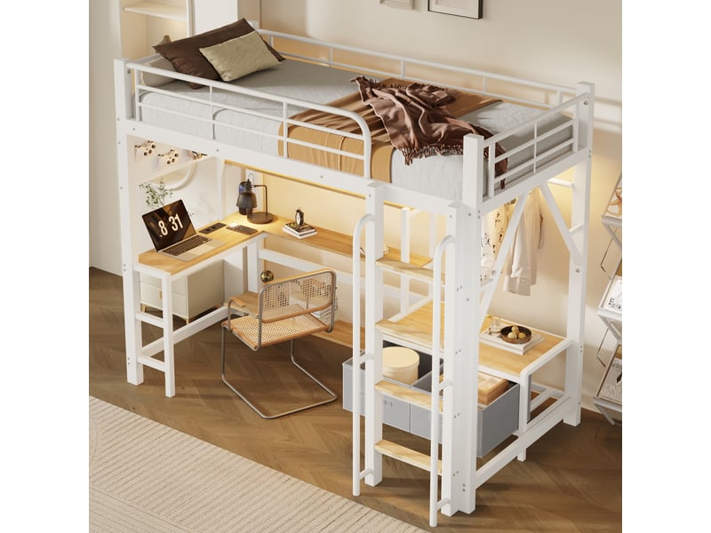 Lit mezzanine enfant 1 place 90×200 cm, bureau, led, usb et rangement - sans matelas, métal mdf blanc - Conforama B