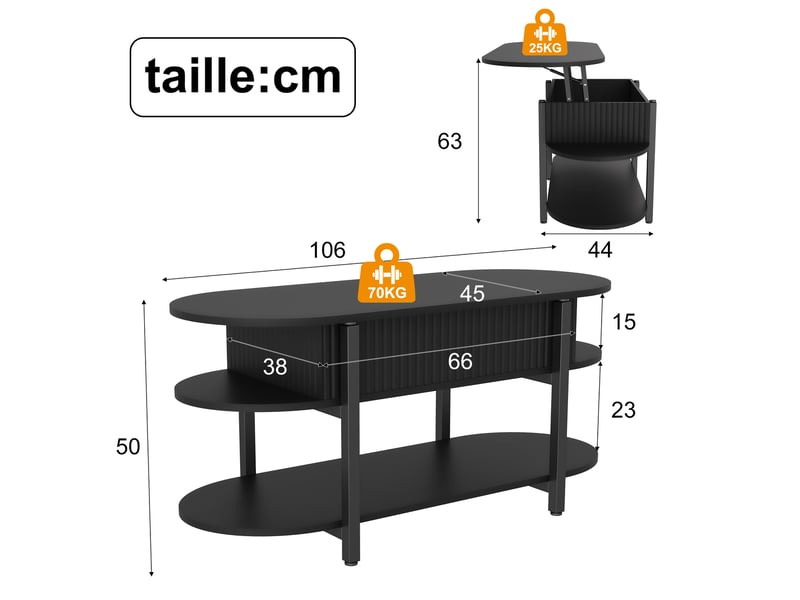  Table basse réglable en hauteur, plateau ovale, espace de rangement dissimulé, 106x50x45 cm,noir  - Conforama C