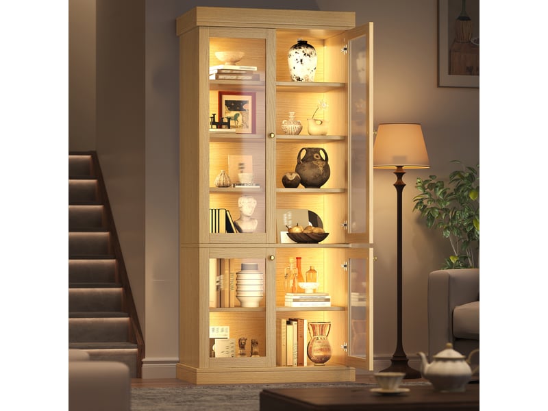  Armoire haute vitrine-buffet haut led éclairage d‘ambiance-étagères réglables bois anti-basculement double-80x40x180-noyer naturel  - Conforama C