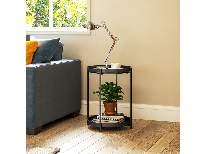  Table d’appoint ronde à 2 niveaux avec patins réglables - lpospi - rangement en acier noir, 44 × 44 × 56 cm  - Conforama B