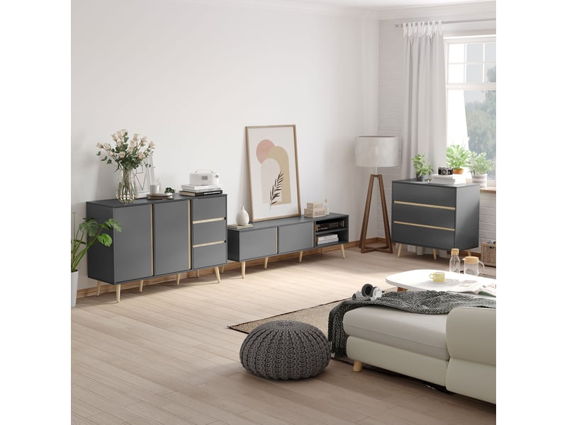  Buffet bas meuble de rangement sur pieds style scandinave 2 portes 3 tiroirs gris anthracite 120 x 40 x 80 cm  - Conforama D