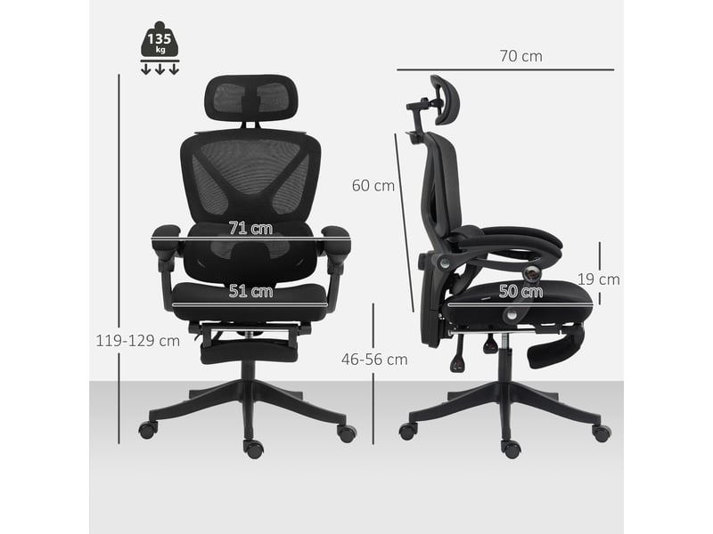  Chaise bureau ergonomique avec appui-tête réglable, fauteuil de bureau inclinable en maille, dossier séparé, noir  - Conforama C