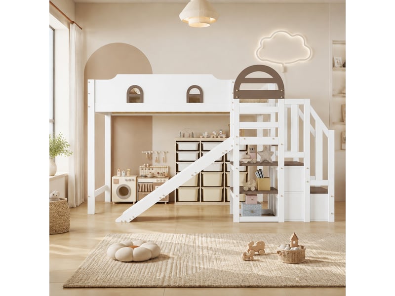  Lit superposé enfant avec toboggan, escalier de rangement, blanc et marron, 90 x 200 cm  - Conforama D