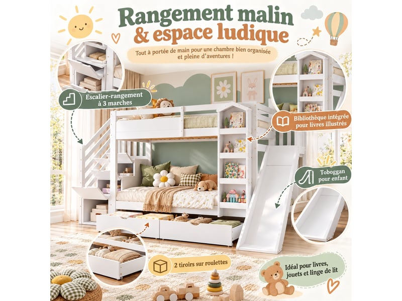  Lit superposé enfant 90 x 200 cm avec toboggan, escalier de rangement, bibliothèque et 2 tiroirs sur roulettes, blanc  - Conforama B