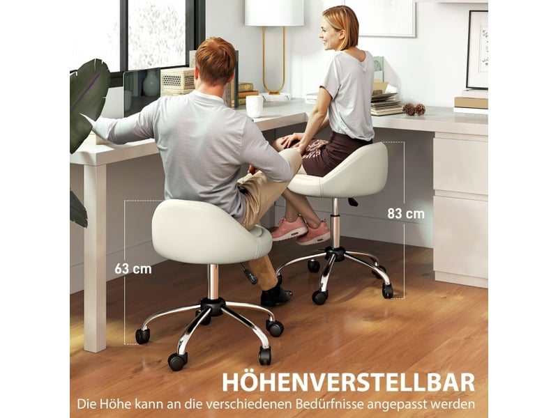  Tabouret de travail à roulettes blanc réglable en hauteur 63-83 cm, assise pivotante rembourrée, idéal au bureau  - Conforama D