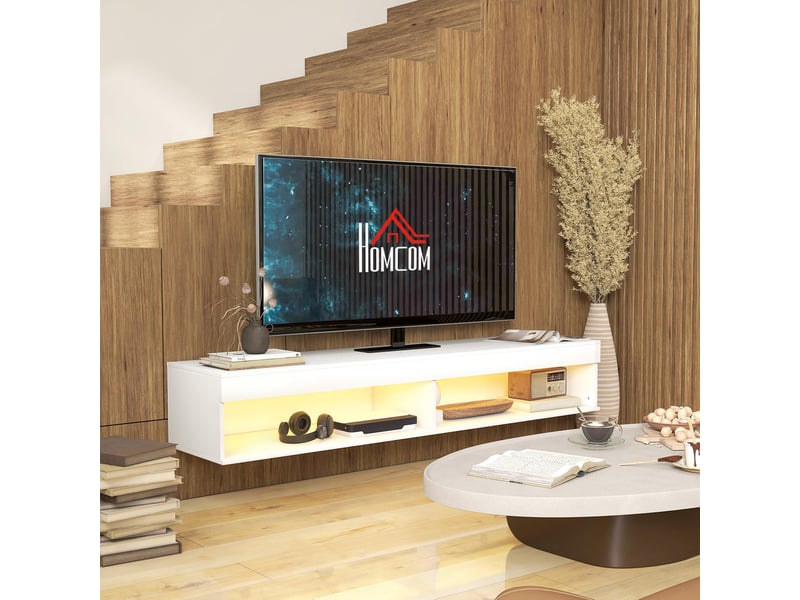  Meuble tv suspendu mural pour tv jusqu'à 75 pouces avec éclairage led 16 couleurs et étagères 180x40x30 cm blanc  - Conforama C