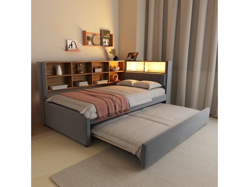  Lit enfant 90x200 cm, avec lit gigogne 90x190 cm et led, en tissu, gris foncé, sans matelas  - Conforama B