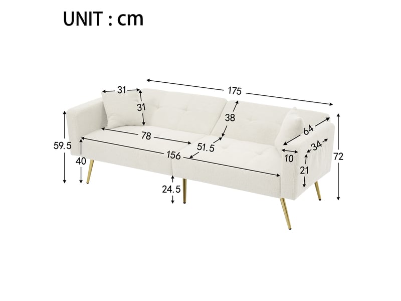 Canapé-lit 175x64x72cm, tissu sherpa blanc, clic clac, canapé droit convertible avec coussins et poches latérales - Conforama C