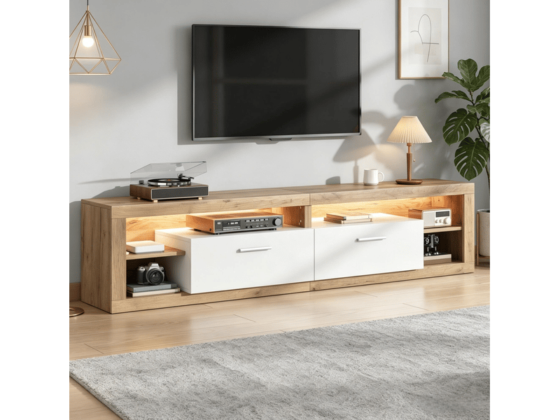  Meuble tv 180 x 35,5 x 50 cm avec led, 2 tiroirs, 4 niches, naturel et blanc  - Conforama B