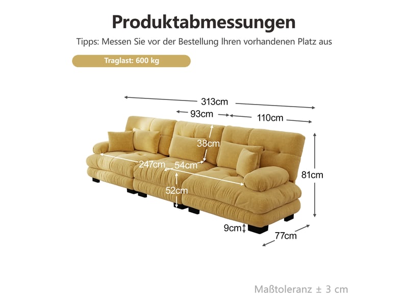  Canapé d'angle, canapé convertible, 3 places, jaune, en chenille, assise profonde  - Conforama W