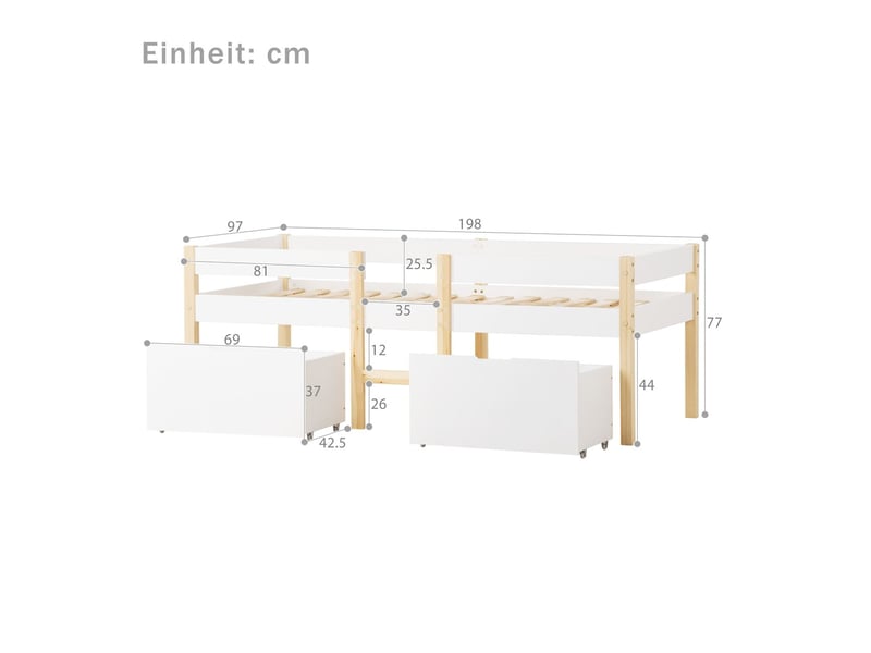  Lit enfant 90x190cm avec clôture de sécurité et rangement sous lit - cadre de lit avec sommier à lattes en bois - blanc  - Conforama C