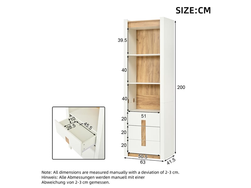  Vitrine haute 63x41,5x200 cm avec led bluetooth, 3 tiroirs et 3 étagères réglables, bibliothèque meuble rangement salon - blanc  - Conforama C