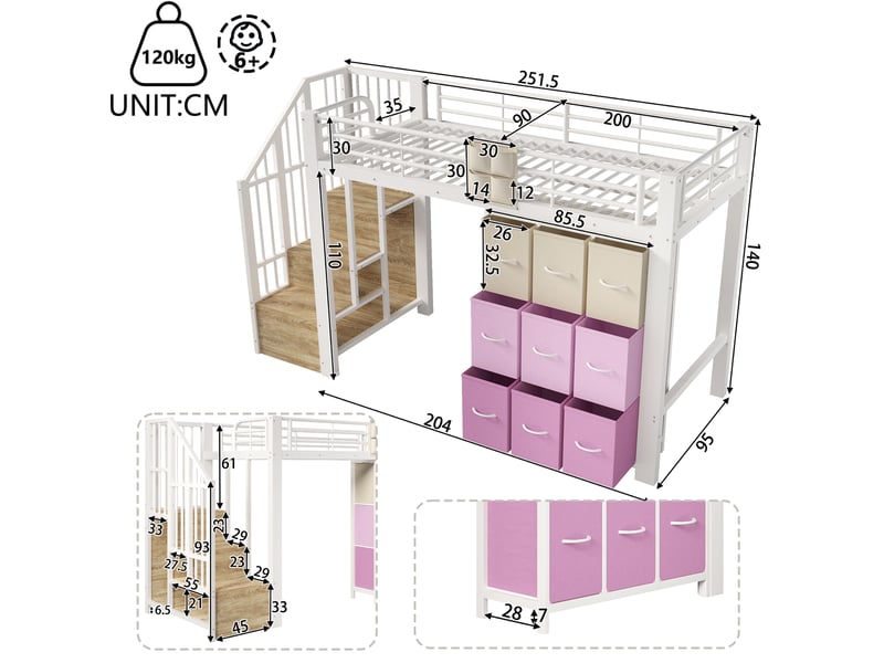  Lit mezzanine 90x200 cm en métal et mdf avec tiroirs, penderie et escalier de rangement blanc chicfurn  - Conforama C