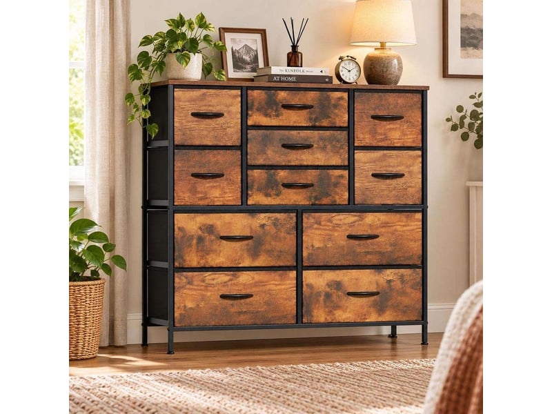  Chiffonnier meuble 100x30x97 cm onze tiroirs tissu marron rustique metal noir chambre  - Conforama B