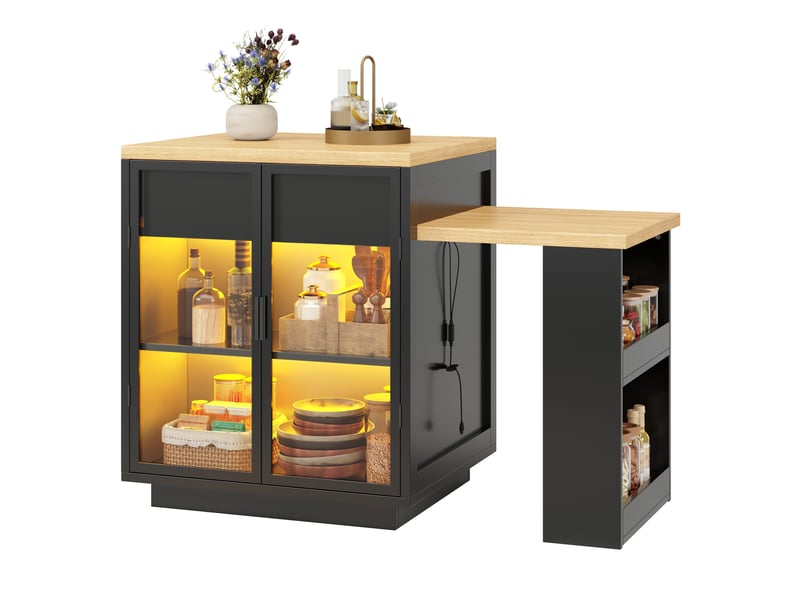  Îlot de cuisine extensible 122x70x94 cm avec rangement et led noir  - Conforama A
