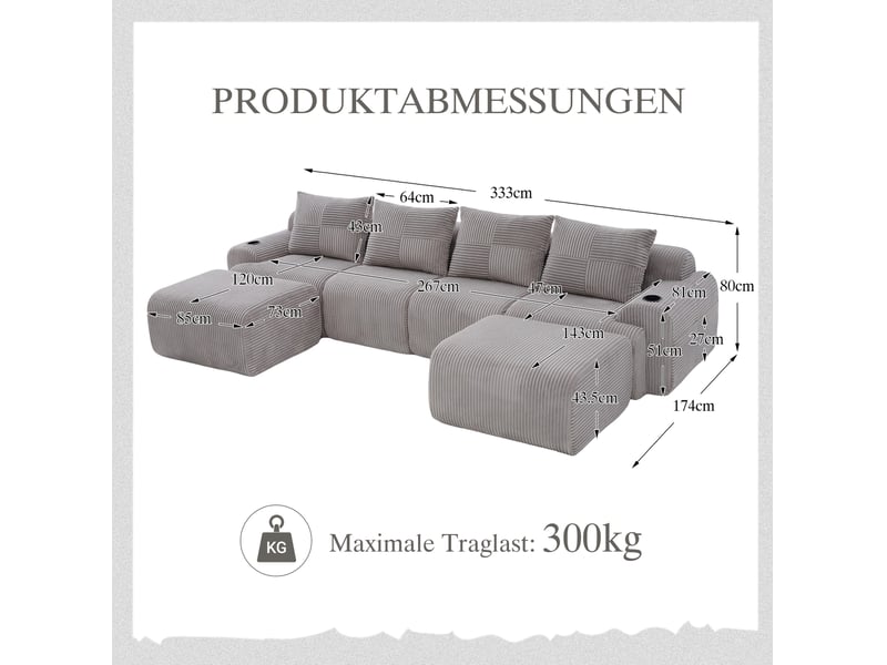  Canapé modulable 4 places 333x174x80 cm porte-gobelet intégré poche latérale assises larges velours côtelé gris clair  - Conforama C