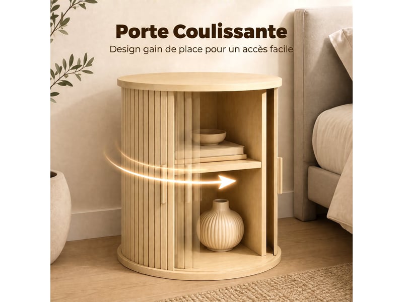  Table de chevet, table de nuit ronde cannelée avec porte coulissante, pour chambre à coucher, salon, 40x40x50cm, chêne  - Conforama E