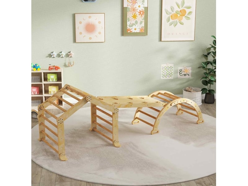  Jouet d’escalade 9-en-1 avec rampe, toboggan, arche à bascule et tableau en bois naturel 100 × 52,5 × 48 cm  - Conforama A