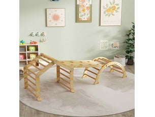 Jouet d’escalade 9-en-1 avec rampe, toboggan, arche à bascule et tableau en bois naturel 100 × 52,5 × 48 cm