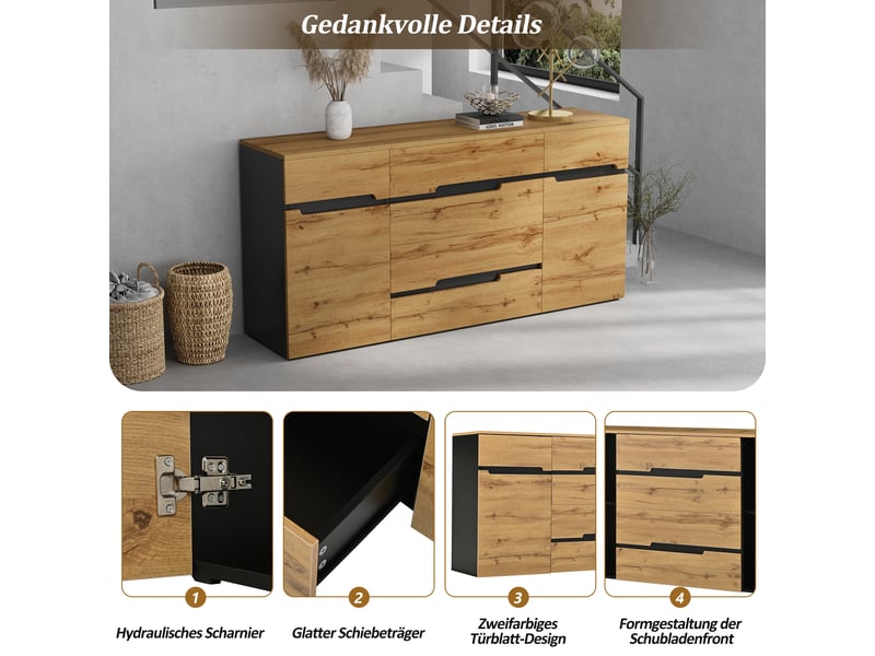 Buffet moderne 160x40x80 cm avec 2 portes et 4 tiroirs, meuble de rangement noir et bois pour salon - Conforama D