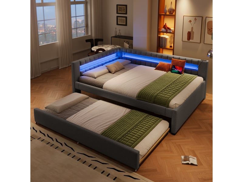  Lit de jour canapé-lit, 140 × 200 cm, gris, lin, lit gigogne, led via app, usb + type-c, sans matelas, pour chambre ou salon  - Conforama D