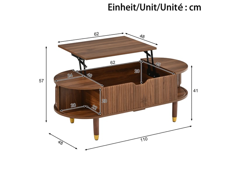  Table basse ovale avec plateau relevable hydraulique, rangement et portes coulissantes, mdf, pieds en bois d'hévéa, noyer  - Conforama C