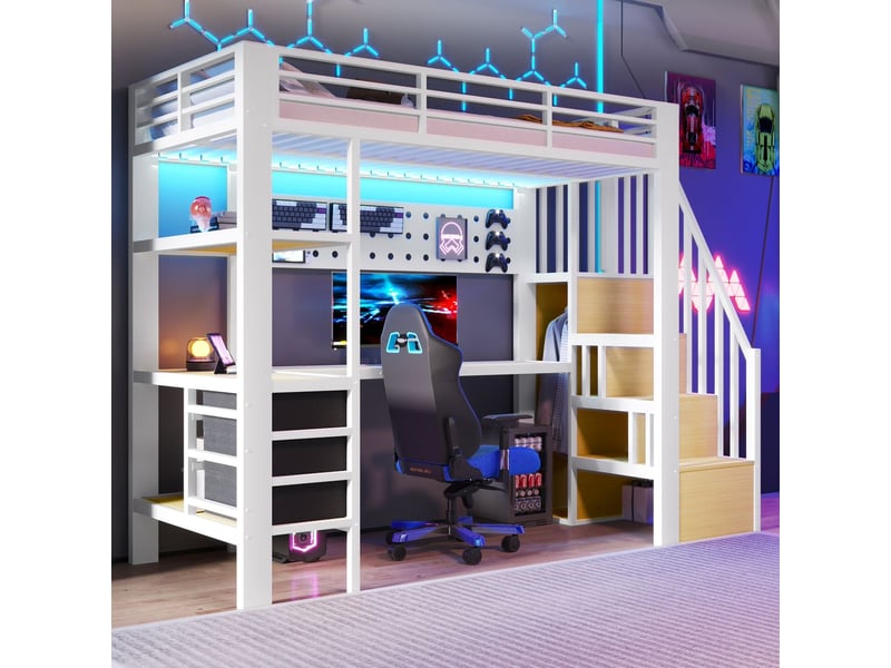  Lit mezzanine 90 x 200 cm surface de rangement tiroir panneau perforé table intégrée prise intégrée éclairage led structure métal blanc  - Conforama A