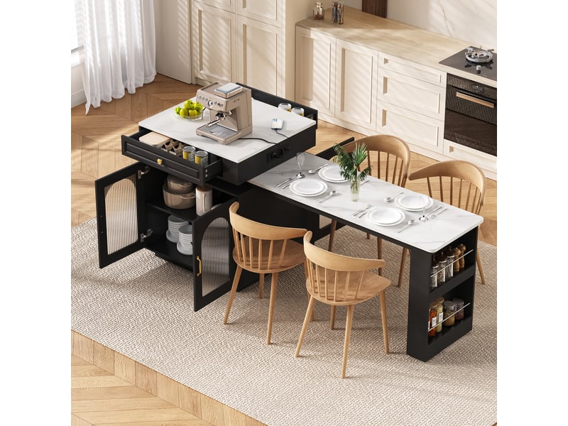 Îlot de cuisine sur roulettes table extensible 128-200 cm led multiprise usb tiroir noir - Conforama D