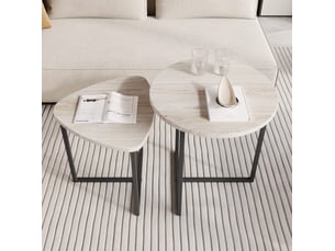 Lot de 2 tables basses gigognes rondes 45x48 cm et 42x40 cm, gain de place, design industriel, métal, chêne blanc américain