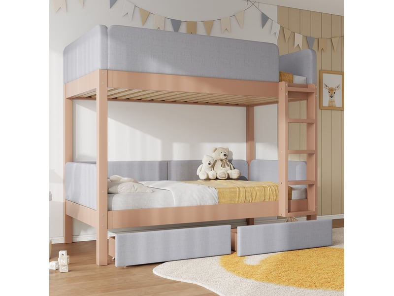 Lit superposé enfant 90x200 cm avec échelle, 2 tiroirs et garde-corps, gris - Conforama D