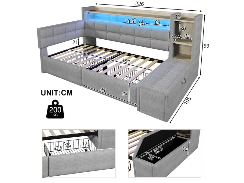  Lit enfant, 90 x 190 cm, avec 2 tiroirs, ports usb type-c, led multicolore, matelas non inclus, velours, coloris gris  - Conforama C