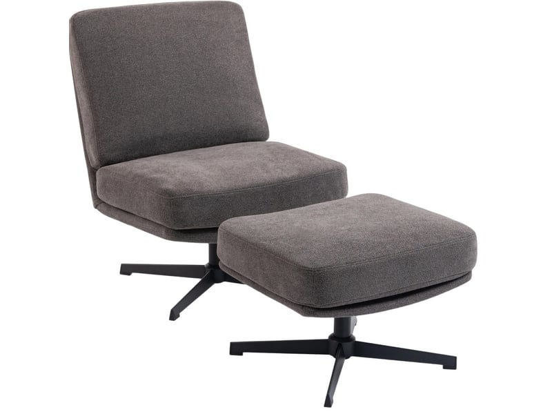  Fauteuil lounge pivotant avec repose-pieds en tissu aspect lin gris foncé  - Conforama A