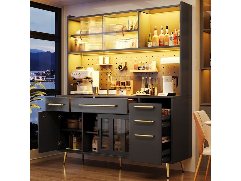  Buffet de cuisine 145x39x171 cm, éclairage éclairage led, avec tiroirs, porte coulissante, meuble de salon, mdf, noir  - Conforama B