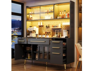Buffet de cuisine 145x39x171 cm, éclairage éclairage led, avec tiroirs, porte coulissante, meuble de salon, mdf, noir