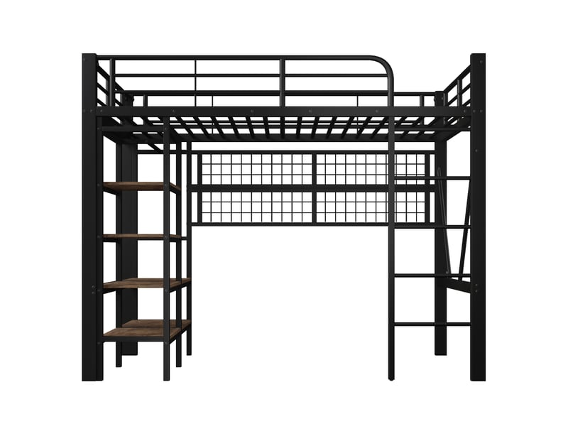  Lit mezzanine 90 x 200 cm, structure métal, led, bureau, étagères, panneau perforé, usb, sans matelas, noir  - Conforama A