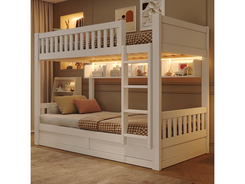  Lit superposé 90x200cm avec coffre hydraulique, étagères latérales, led réglable, échelle intégrée et garde-corps, pin et mdf blanc, pour la chambre  - Conforama C