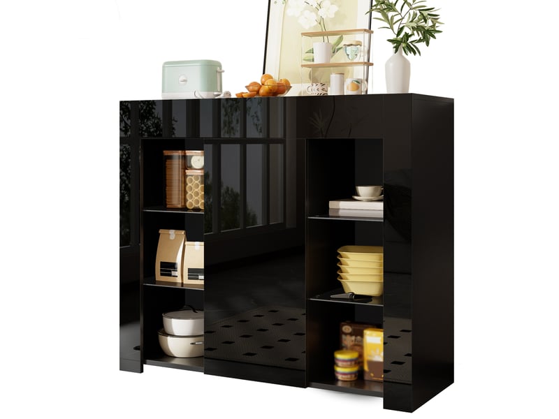  Buffet 95x35x83 cm, armoire de rangement, étagères en verre, aggloméré noir, meuble salon et cuisine, moderne, design  - Conforama A